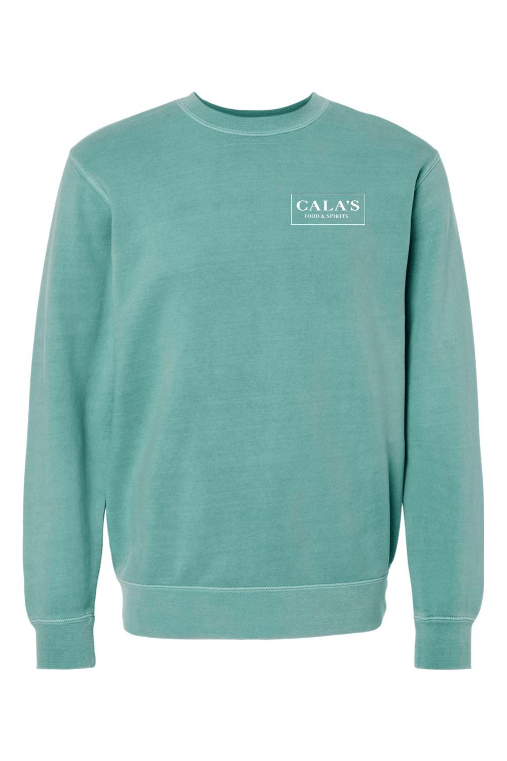 Seafoam green pigment-dyed crewneck sweatshirt with white Cala's Food & Spirits logo on the chest.