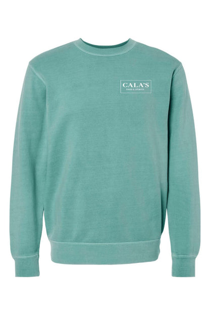 Seafoam green pigment-dyed crewneck sweatshirt with white Cala's Food & Spirits logo on the chest.