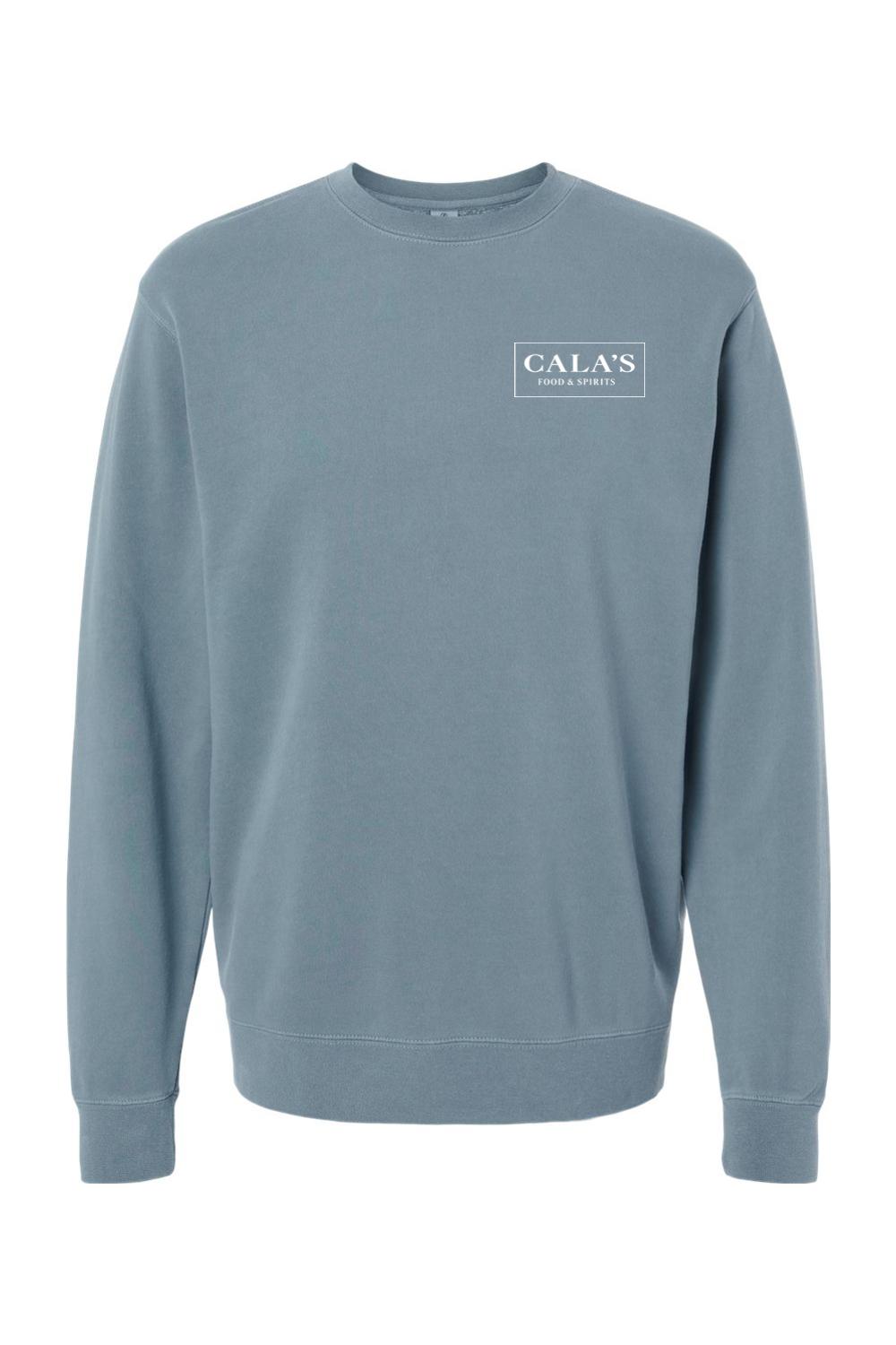 Blue pigment-dyed midweight crewneck sweatshirt featuring a white Cala's Food & Spirits chest logo.