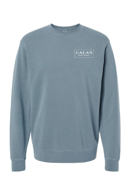 Blue pigment-dyed midweight crewneck sweatshirt featuring a white Cala's Food & Spirits chest logo.
