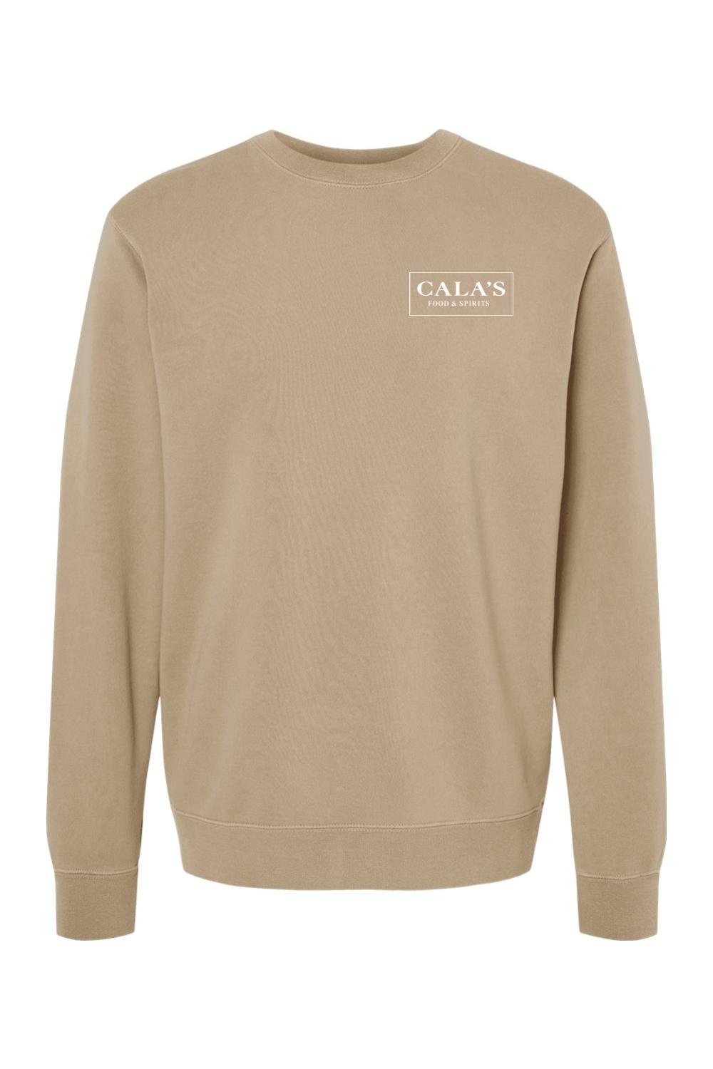 Tan pigment-dyed crewneck sweatshirt featuring a white Cala's Food & Spirits logo on the chest.