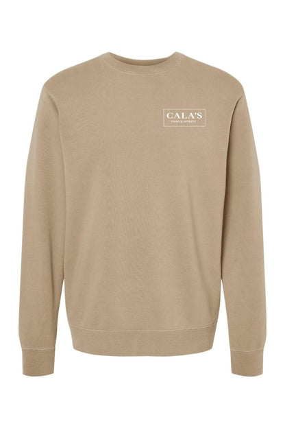 Tan pigment-dyed crewneck sweatshirt featuring a white Cala's Food & Spirits logo on the chest.