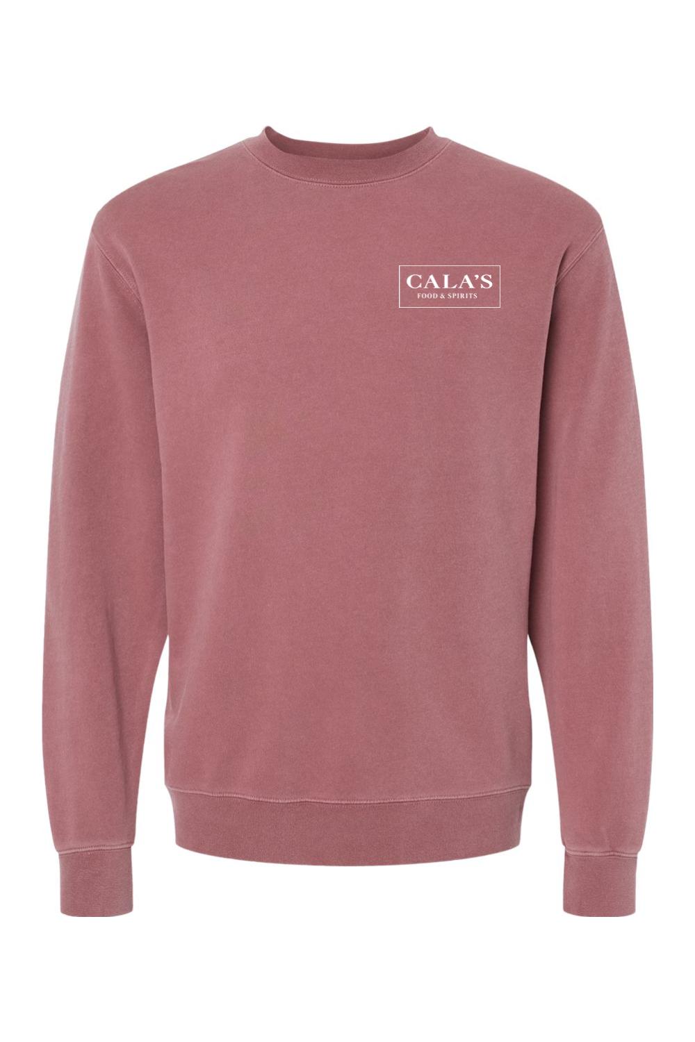 Dusty rose pigment-dyed crewneck sweatshirt with a white Cala's Food & Spirits logo on the chest.
