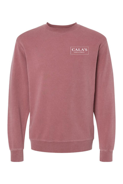 Dusty rose pigment-dyed crewneck sweatshirt with a white Cala's Food & Spirits logo on the chest.