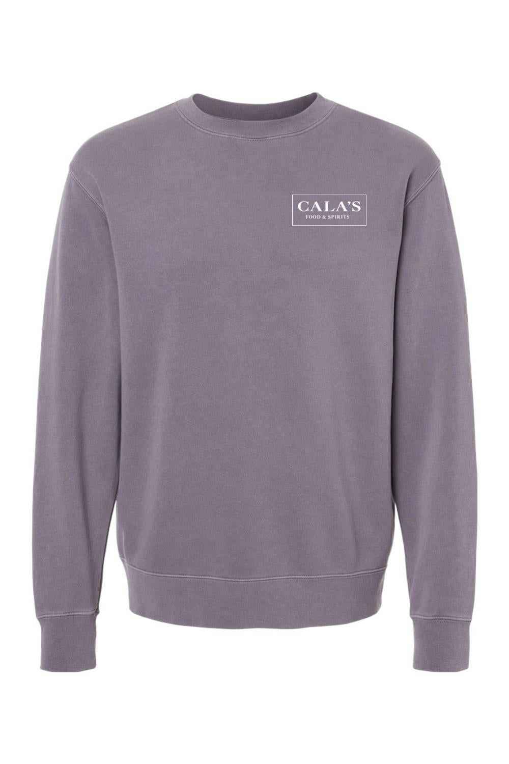 Midweight pigment-dyed crewneck sweatshirt in muted purple with white Cala's Food & Spirits logo on the chest.