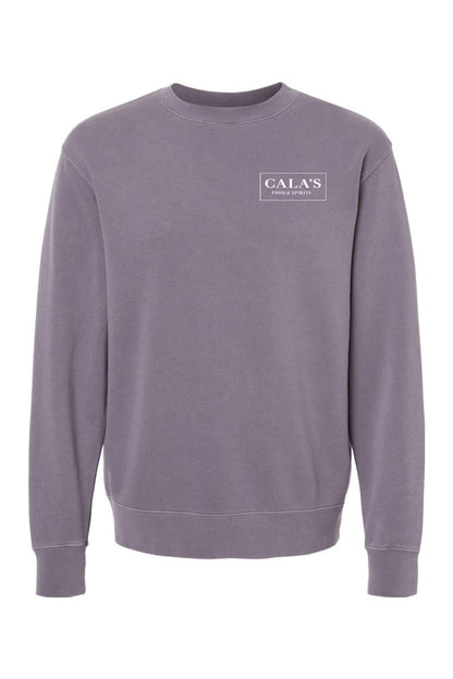 Midweight pigment-dyed crewneck sweatshirt in muted purple with white Cala's Food & Spirits logo on the chest.