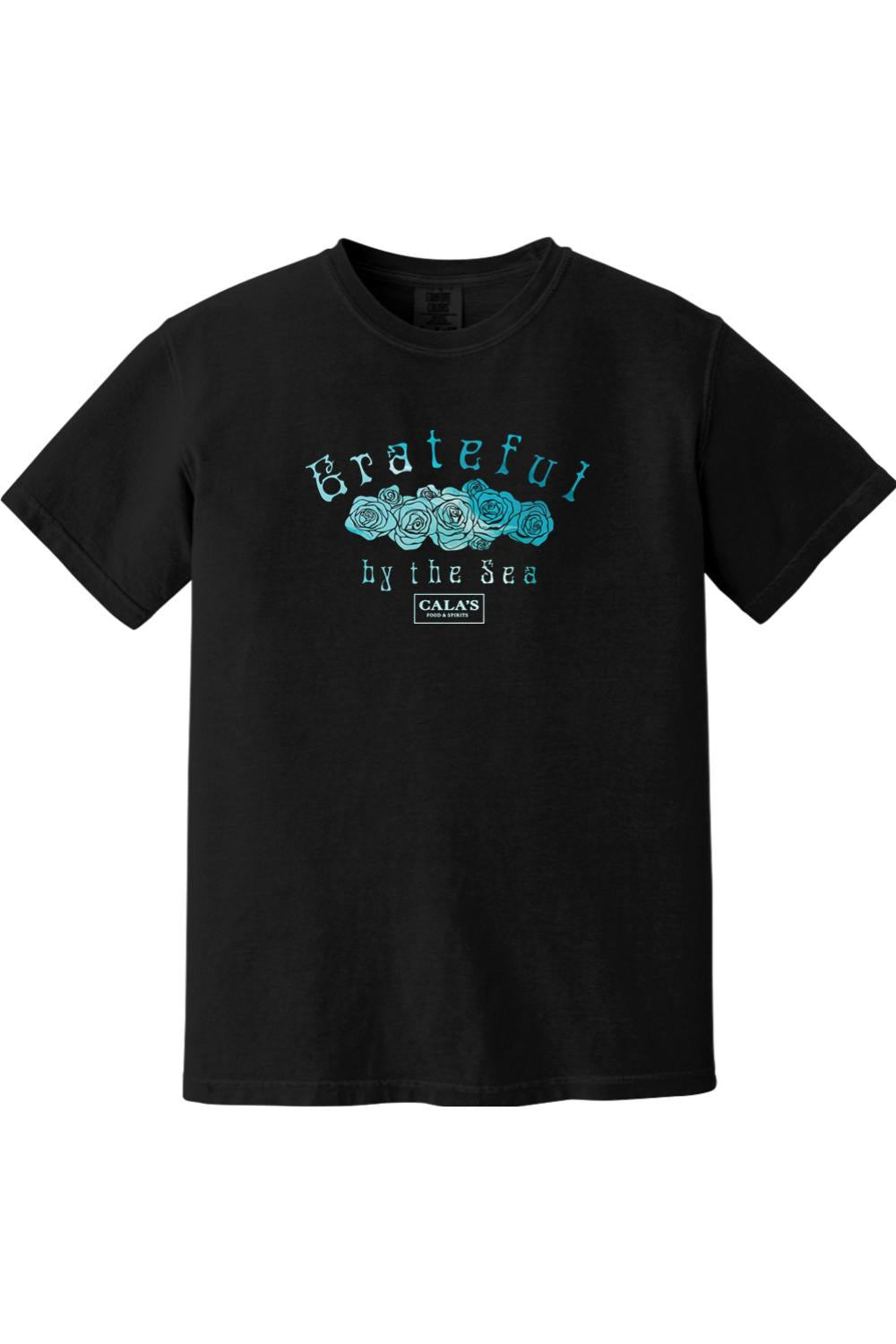 Black Comfort Colors t-shirt featuring a blue rose graphic and Grateful By The Sea text with Cala's logo.