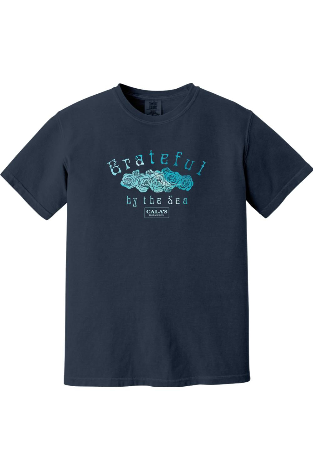 Navy blue Comfort Colors unisex t-shirt featuring a blue rose graphic and Grateful By The Sea text on the chest.