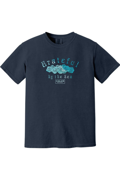 Navy blue Comfort Colors unisex t-shirt featuring a blue rose graphic and Grateful By The Sea text on the chest.