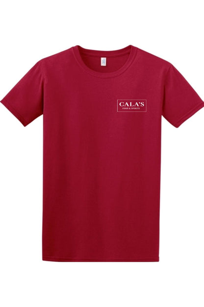 Maroon short-sleeve crewneck t-shirt featuring a white Cala's Food & Spirits logo on the left chest.