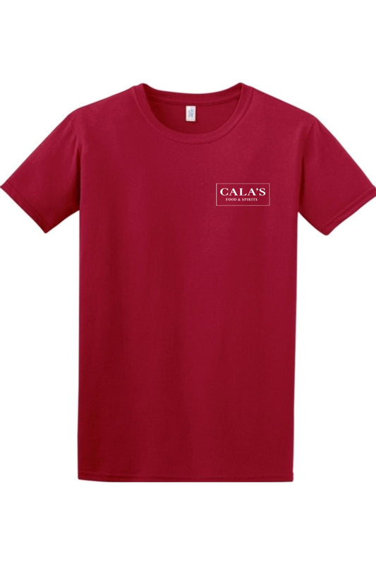 Maroon short-sleeve crewneck t-shirt featuring a white Cala's Food & Spirits logo on the left chest.
