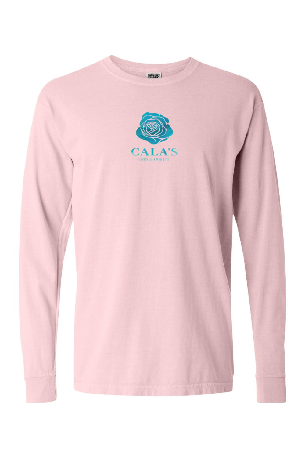 Muted rose Comfort Colors long sleeve t-shirt with a blue rose logo and Cala's Food & Spirits text on the chest.