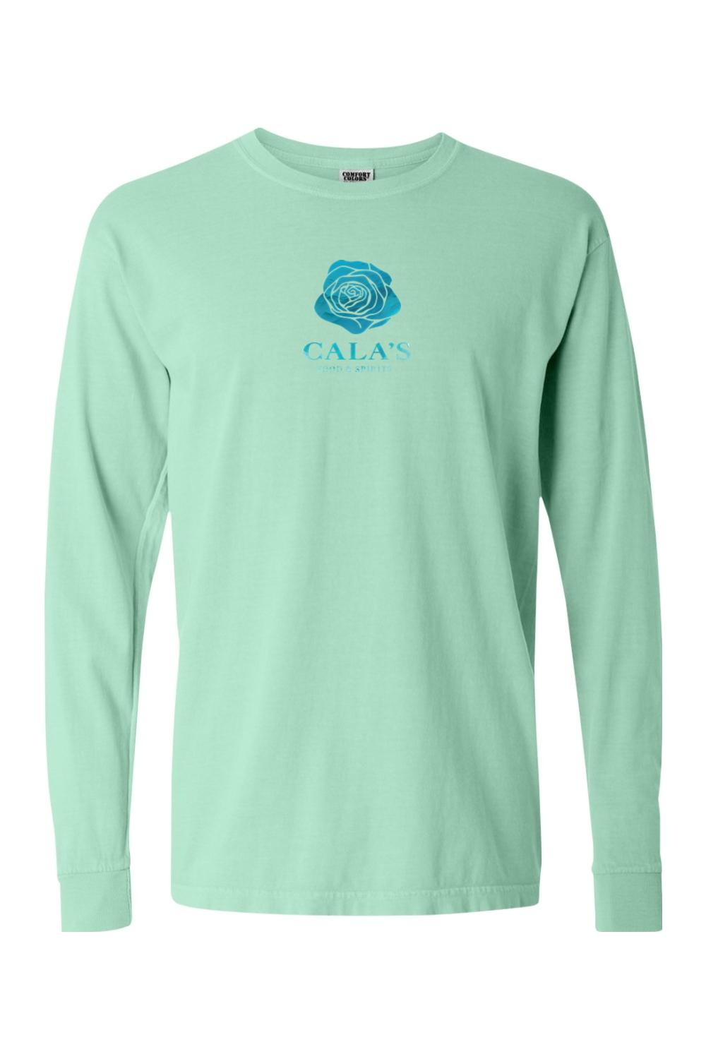 Mint green Comfort Colors long sleeve t-shirt featuring a blue rose logo and Cala's Food & Spirits text on the chest.