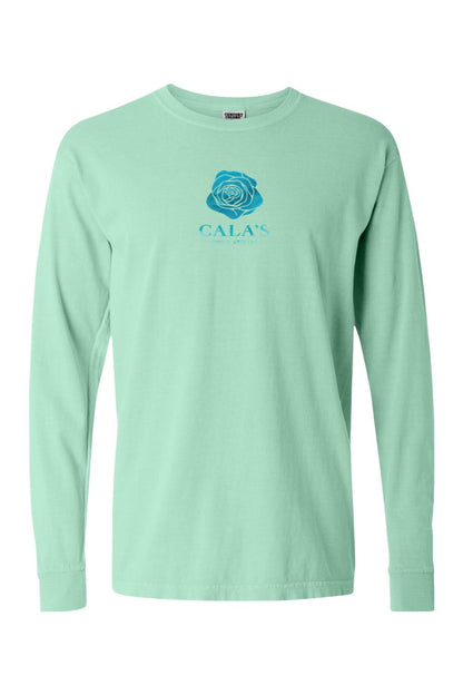 Mint green Comfort Colors long sleeve t-shirt featuring a blue rose logo and Cala's Food & Spirits text on the chest.