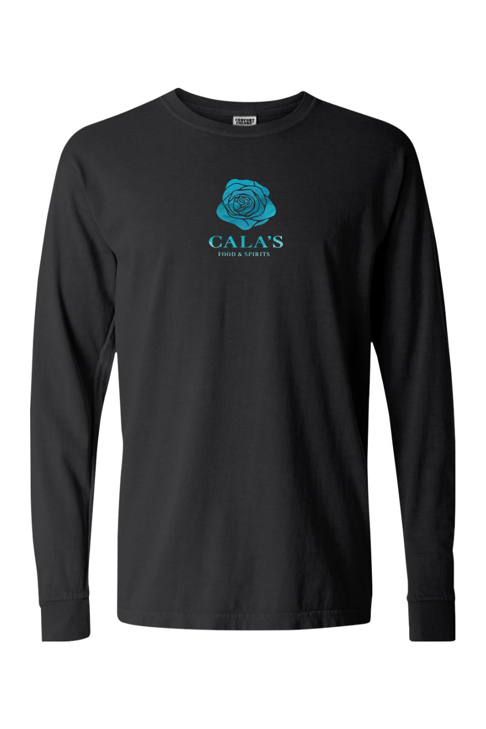 Black Comfort Colors long-sleeve tee featuring a blue rose logo and Cala's Food & Spirits text on the chest.