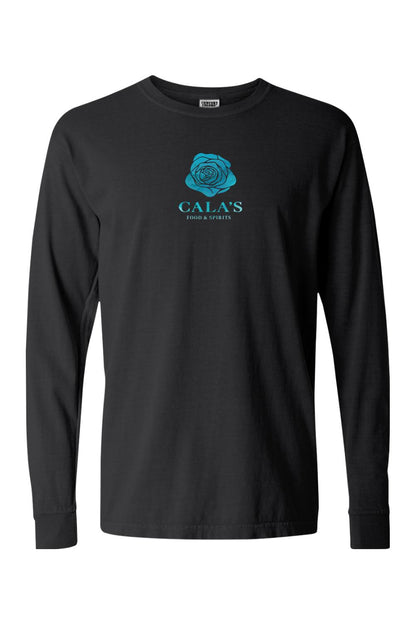 Black Comfort Colors long-sleeve tee featuring a blue rose logo and Cala's Food & Spirits text on the chest.