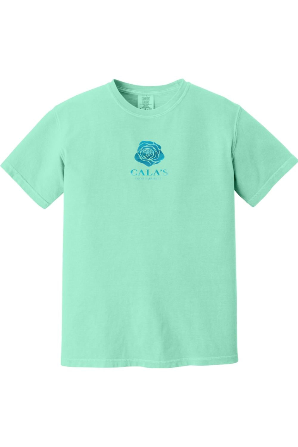 Mint green Comfort Colors unisex t-shirt featuring a blue rose graphic and Cala's logo on the chest.