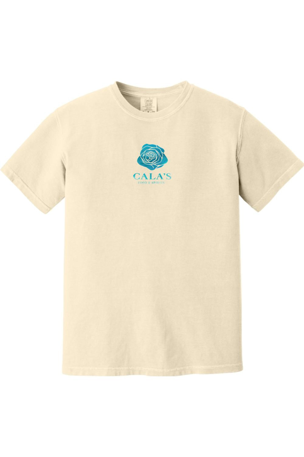 Cream-colored Comfort Colors unisex t-shirt featuring a blue Cala's Food & Spirits rose logo on the chest.
