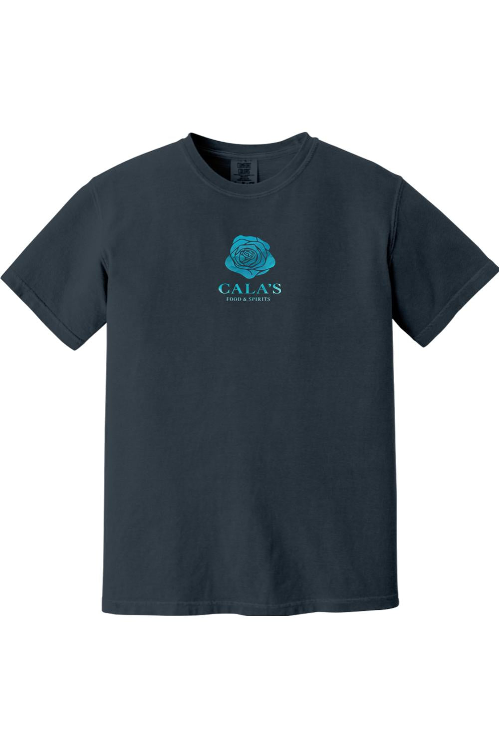 Dark grey Comfort Colors unisex t-shirt featuring a teal rose logo and Cala's Food & Spirits text on the chest.