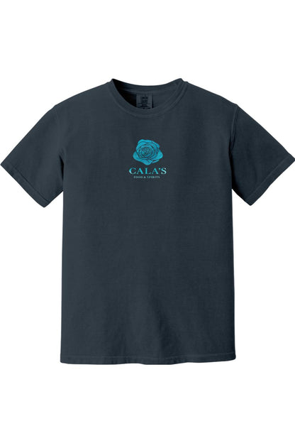 Dark grey Comfort Colors unisex t-shirt featuring a teal rose logo and Cala's Food & Spirits text on the chest.