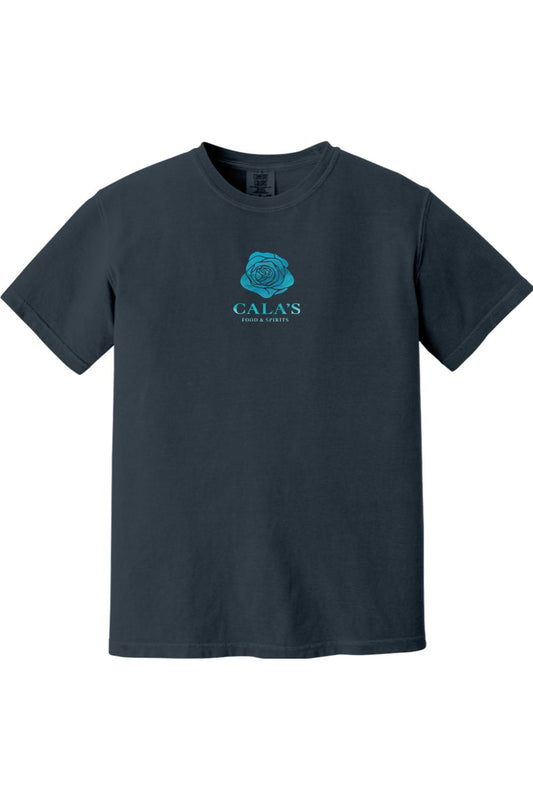 Dark grey Comfort Colors unisex t-shirt featuring a teal rose logo and Cala's Food & Spirits text on the chest.