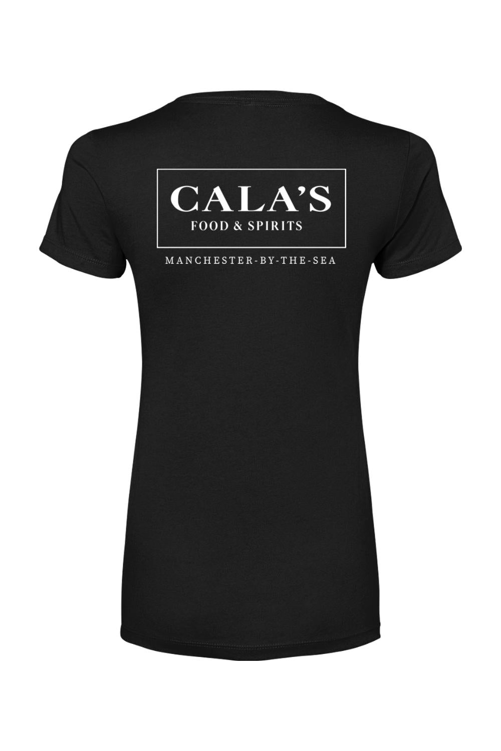Black women's t-shirt featuring a white Cala's Food & Spirits logo printed on the back.