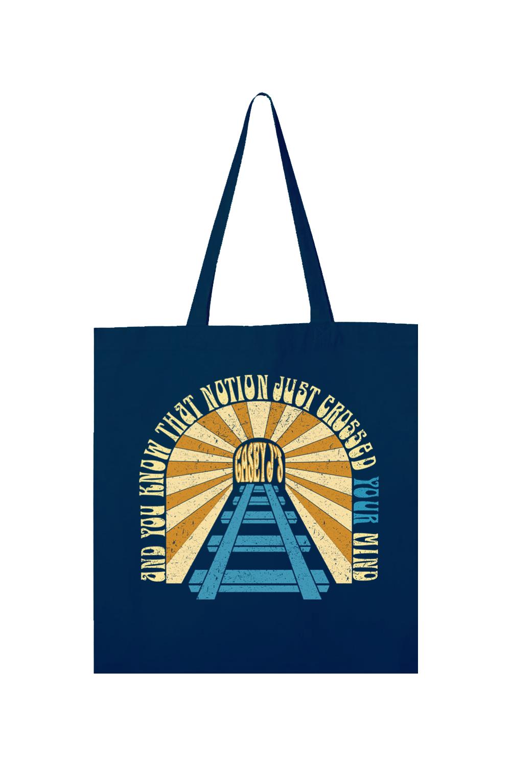 Navy blue canvas tote bag featuring a vintage-style train track graphic with the text Casey J's Just Crossed Your Mind.