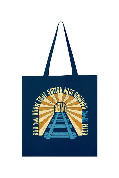 Navy blue canvas tote bag featuring a vintage-style train track graphic with the text Casey J's Just Crossed Your Mind.