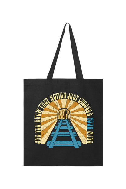 Black canvas tote bag featuring a vintage sunset graphic with railroad tracks and Casey J's text.
