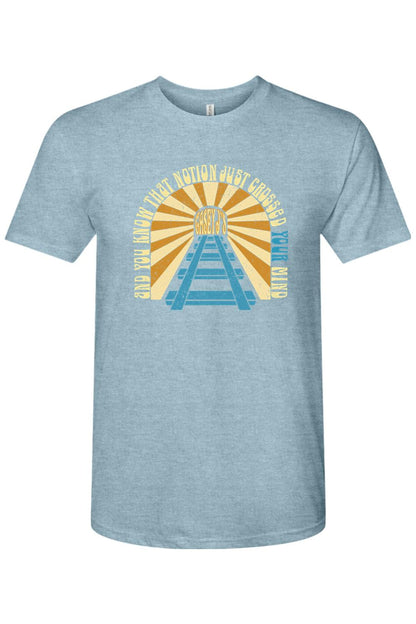 Light blue heathered triblend t-shirt featuring a vintage railroad graphic with yellow sunburst and Casey J's text.