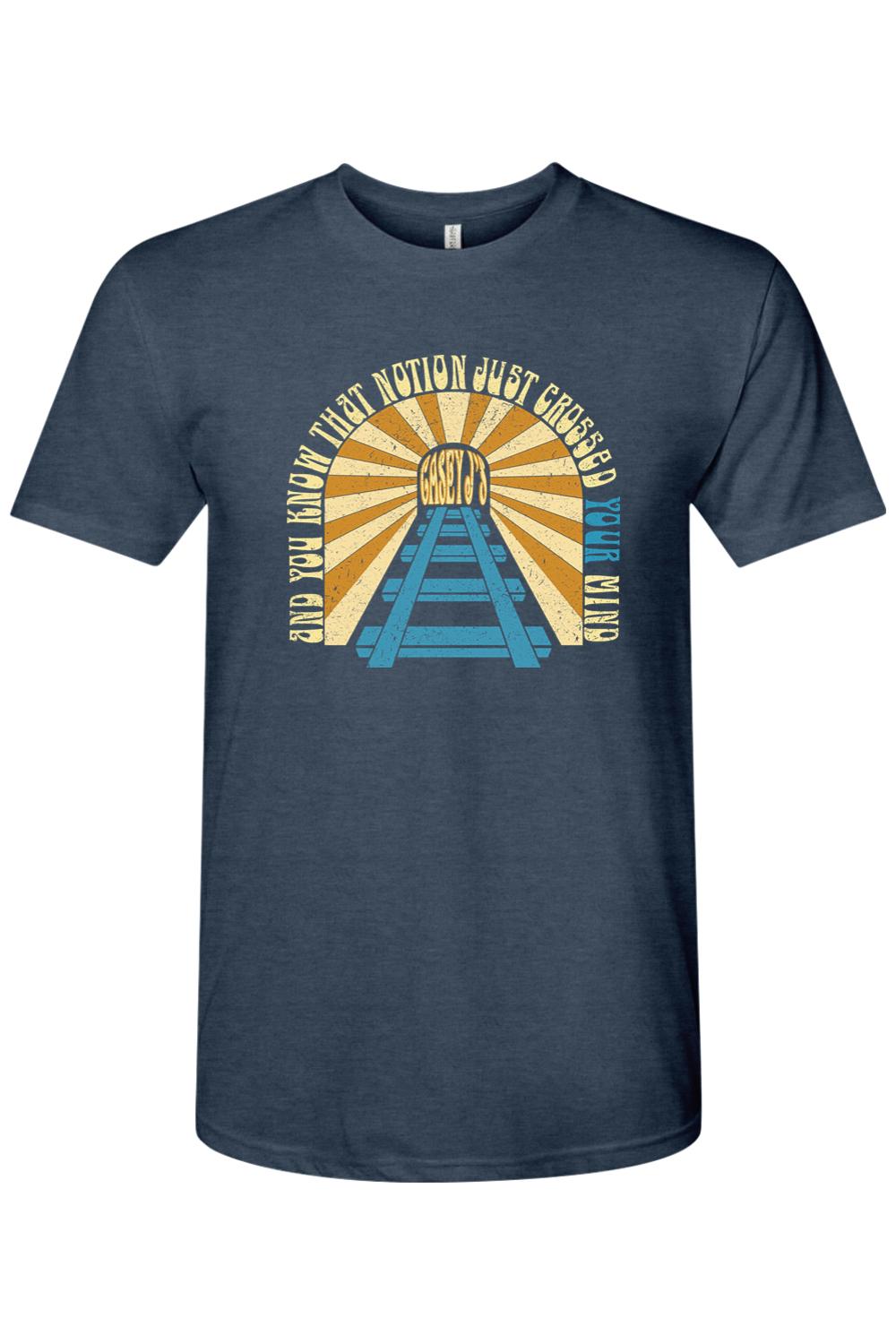 Navy blue triblend men's t-shirt featuring a vintage railroad graphic with retro sunburst and Casey J's branding.