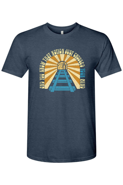 Navy blue triblend men's t-shirt featuring a vintage railroad graphic with retro sunburst and Casey J's branding.