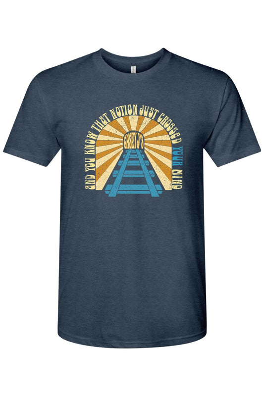 Navy blue triblend men's t-shirt featuring a vintage railroad graphic with retro sunburst and Casey J's branding.