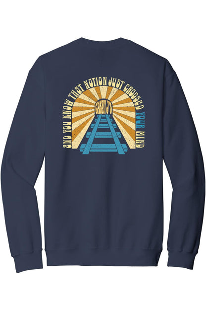Navy blue crewneck sweatshirt featuring a retro railroad tunnel graphic with Casey J's text on the back.