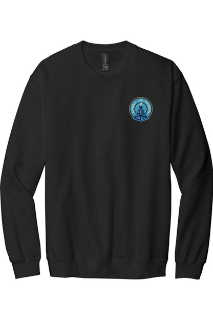 Black crewneck sweatshirt featuring a Casey J's Tavern train logo on the left chest.