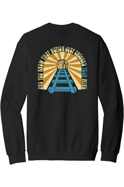 Black crewneck sweatshirt featuring a vintage-style train tunnel graphic with sunset rays and Casey J's text.