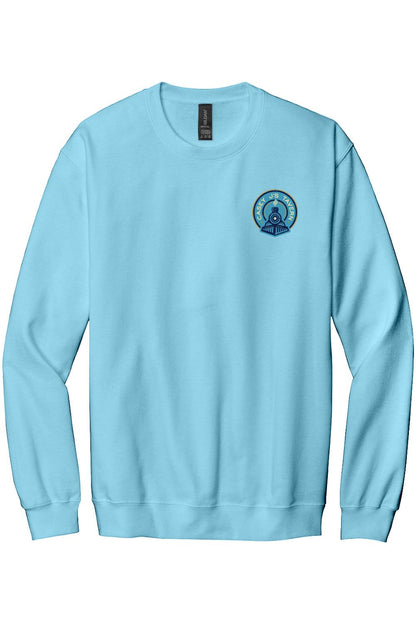 Light blue crewneck sweatshirt featuring a Casey J's Tavern train logo on the left chest.