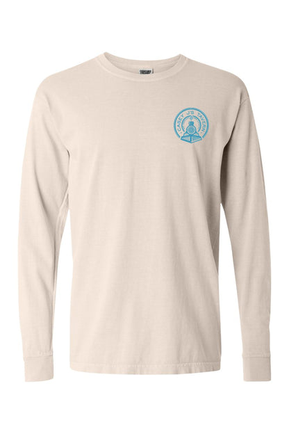 Beige Comfort Colors long-sleeve t-shirt featuring a small blue Casey J's Tavern train logo on the chest.