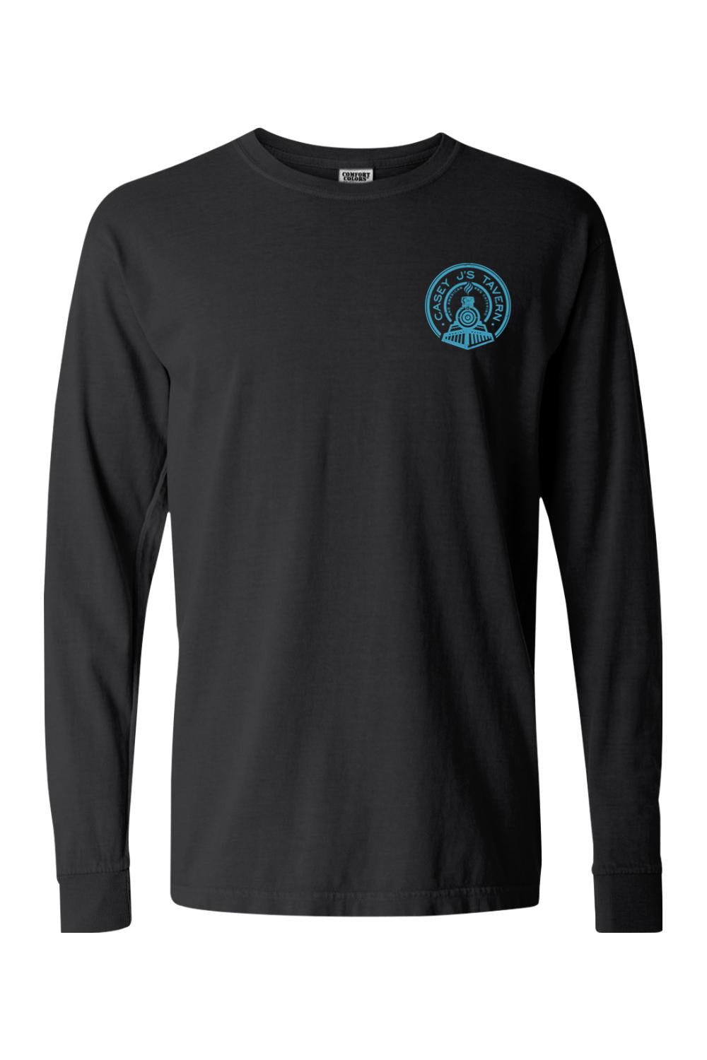 Black Comfort Colors long-sleeve t-shirt featuring a small blue Casey J's Tavern train logo on the left chest.