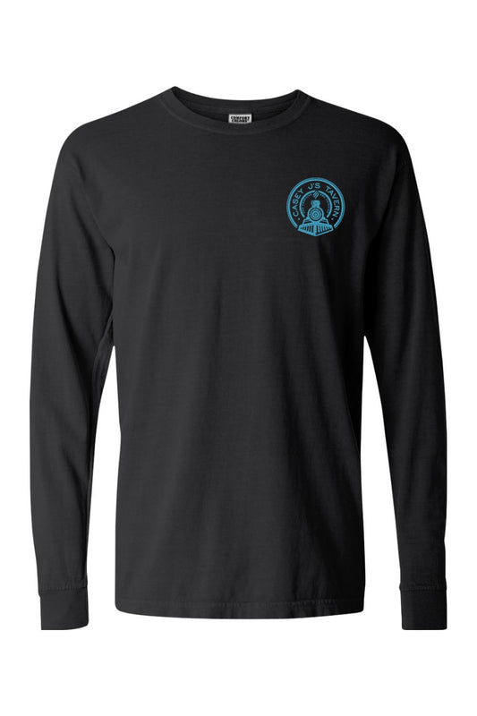Black Comfort Colors long-sleeve t-shirt featuring a small blue Casey J's Tavern train logo on the left chest.