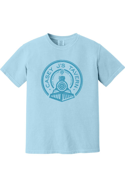 Light blue Comfort Colors t-shirt featuring a dark blue Casey J's Tavern train logo graphic on the chest.