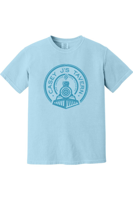 Light blue Comfort Colors t-shirt featuring a dark blue Casey J's Tavern train logo graphic on the chest.