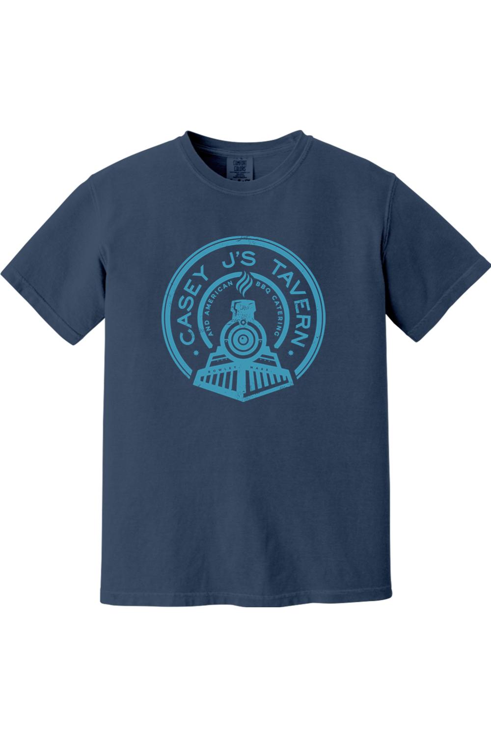 Navy blue Comfort Colors t-shirt featuring a light blue Casey J's Tavern train logo graphic on the front.