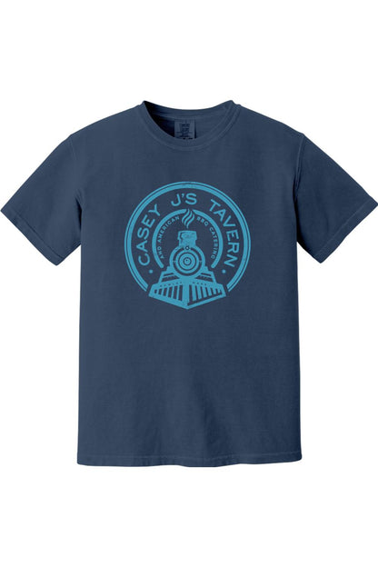 Navy blue Comfort Colors t-shirt featuring a light blue Casey J's Tavern train logo graphic on the front.