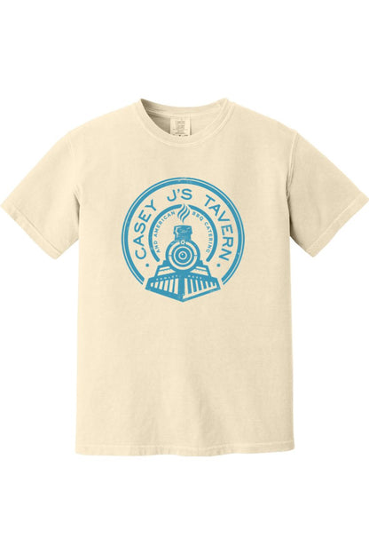 Cream-colored Comfort Colors t-shirt featuring a blue Casey J's Tavern train logo graphic on the front.