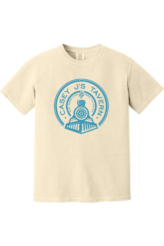 Cream-colored Comfort Colors t-shirt featuring a blue Casey J's Tavern train logo graphic on the front.