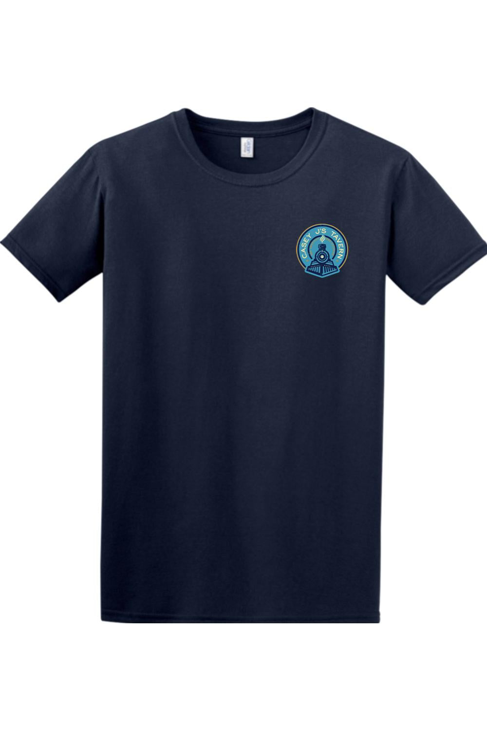 Navy blue crew neck t-shirt featuring a small Casey J's Tavern train logo on the left chest.