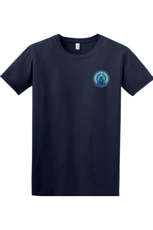 Navy blue crew neck t-shirt featuring a small Casey J's Tavern train logo on the left chest.