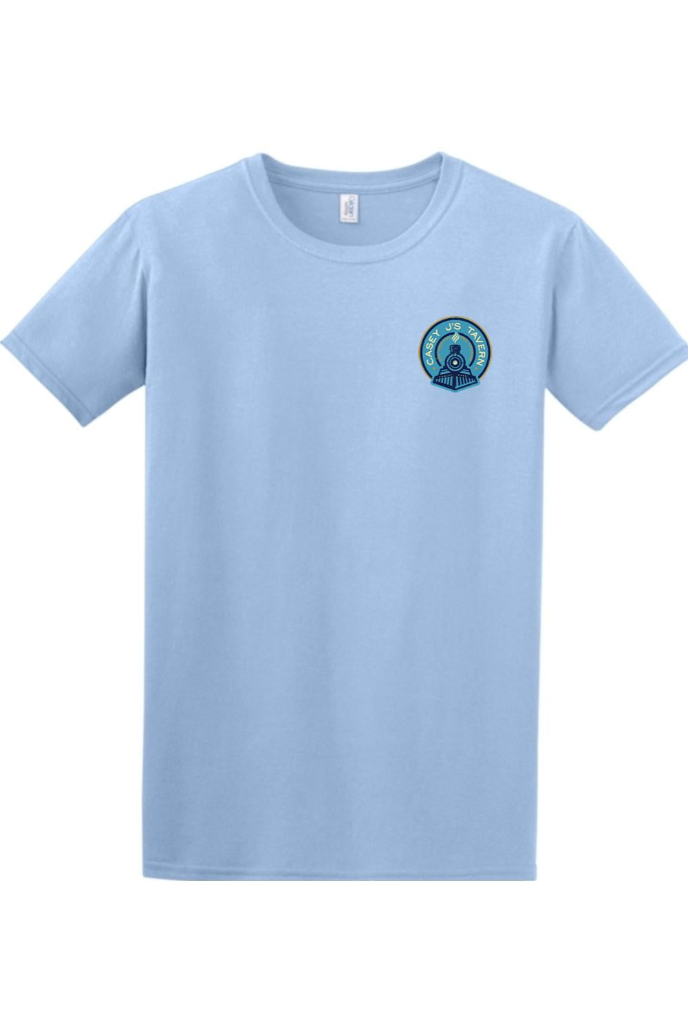 Light blue crew neck t-shirt featuring a small Casey J's Tavern train logo on the left chest.