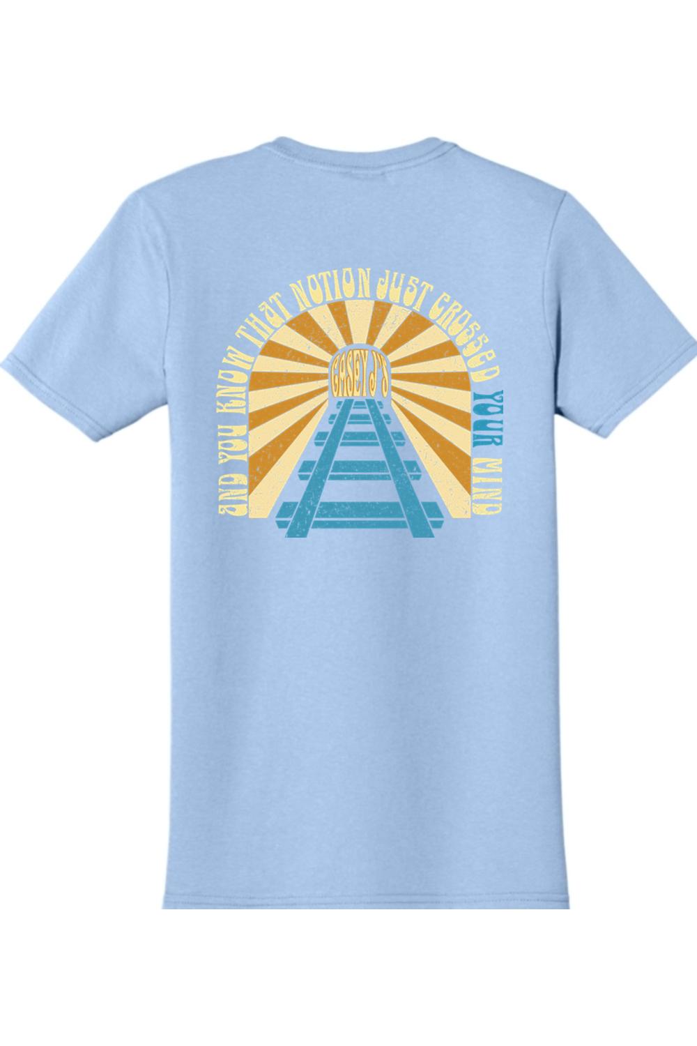 Light blue crew neck t-shirt featuring a retro railroad graphic with Casey J's Tavern text on the back.